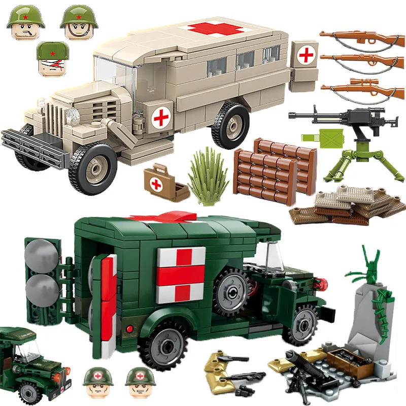 WW2 Military Ambulance Building Blocks Soviet Army U.S. Soldiers Figures Medical Vehicle Car Weapons Bricks Boys Toys Gifts D329