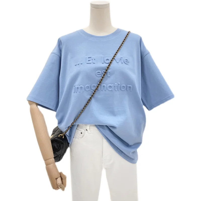 

Korean Style 2021new Summer Three-Dimensional Letter Simplicity Style Loose T-shirt Women's Short-Sleeved Top Woman Tshirts