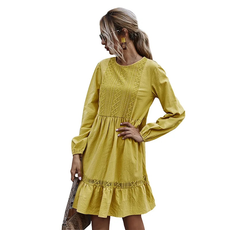 

2021 European and American Autumn and Winter New Cutout Lace Stitching Lotus Leaf round Neck Long Sleeve Big Hem Dress