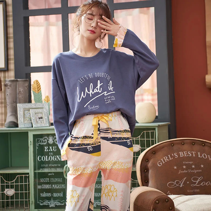 M L XL XXL XXXL 4XL Для женщин Хлопковая пижама комплект с принтом для девочек, пижамный комплект, пижама с длинными рукавами костюм Для женщин наборы пижам осень-зима