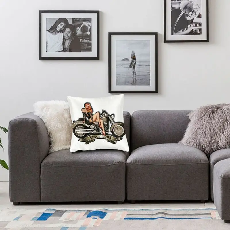 

Personalized Sexy Girl On Vintage Motorcycle Pillow Cover Decoration 3D Double-sided Printed Mobile Bike Cushion Cover for Sofa