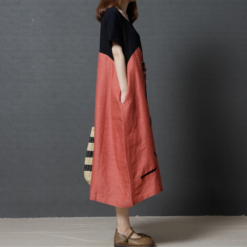 

Women's Casual Printed Cotton and Linen Contrast Crew Neck Dress