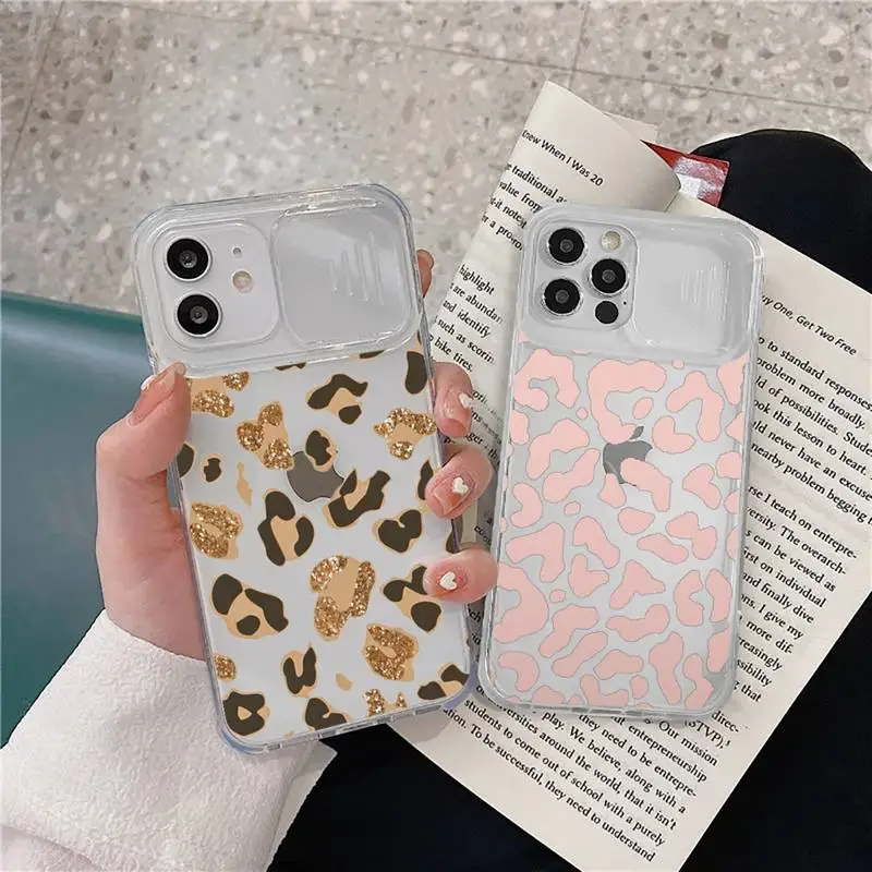

Pink gold glitter Leopard Phone Case transparent For iPhone 7 8 11 12 X XS XR MINI Pro Max Plus Slide Camera Lens Protect