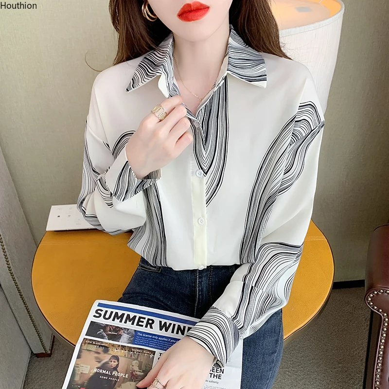 

Chiffon Women's Blouse Loose Polo Girl's Shirt Spring Autumn Clothing Fashion Long Sleeve Top Casual Print Lady Blusas Houthion