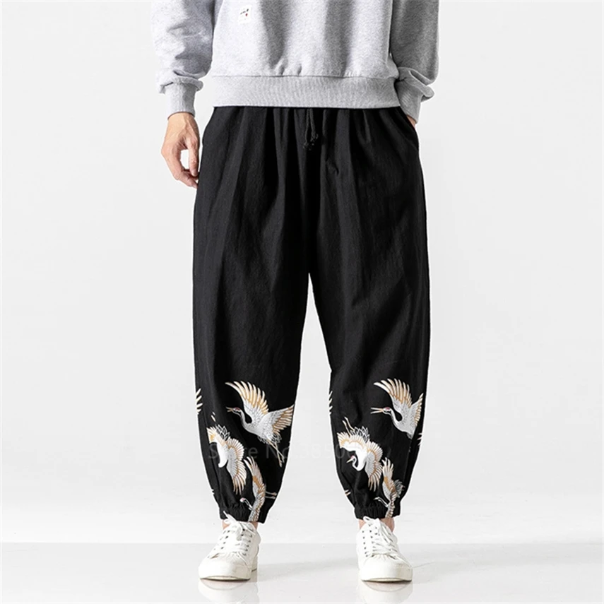 

Japanese Style Crane Trousers Men Samurai Costume Plus Size Long Pants Unisex Harajuku Harem Loose Haori Adult Vintage Asian
