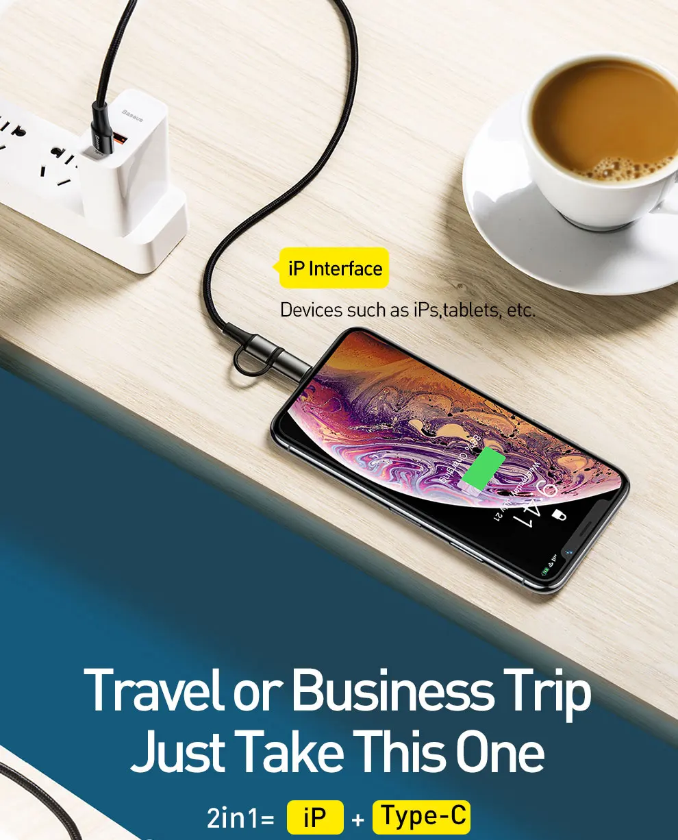 Baseus 60 Вт usb type-C кабель для iPhone 11 Pro Max Xs Max X USB-C кабель PD Быстрая зарядка зарядное устройство USB кабель 2 в 1 кабель провод шнур