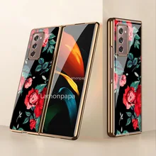 Women Vintage Rose Phone Case for Samsung Galaxy Z Fold2 5G Case W2021 Tempered Glass Protective Shell for Samsung Z Fold 2 Case