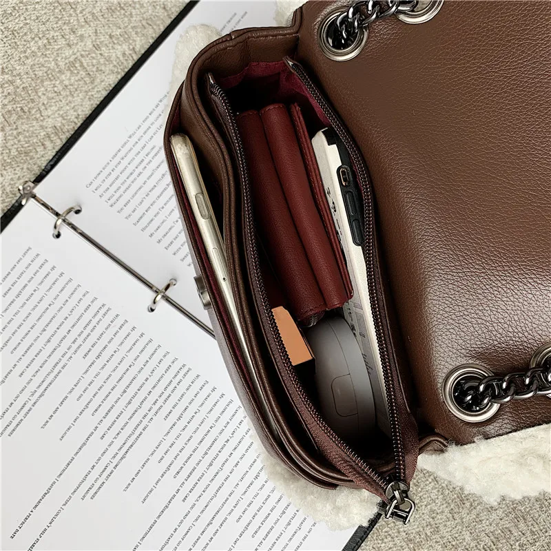 

Casual Plush Square Handbag for Women's Classic PU Leather Shoulder Bag with Chain Elegant Female Designer Diagonal Bag Sac 2020