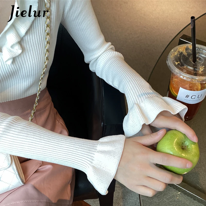 

Jielur V-neck Sweater Women Solid Color Autumn Winter Vintage Basic Primer Chic Slim Jumper Soft Pullovers White Knitted Sweater