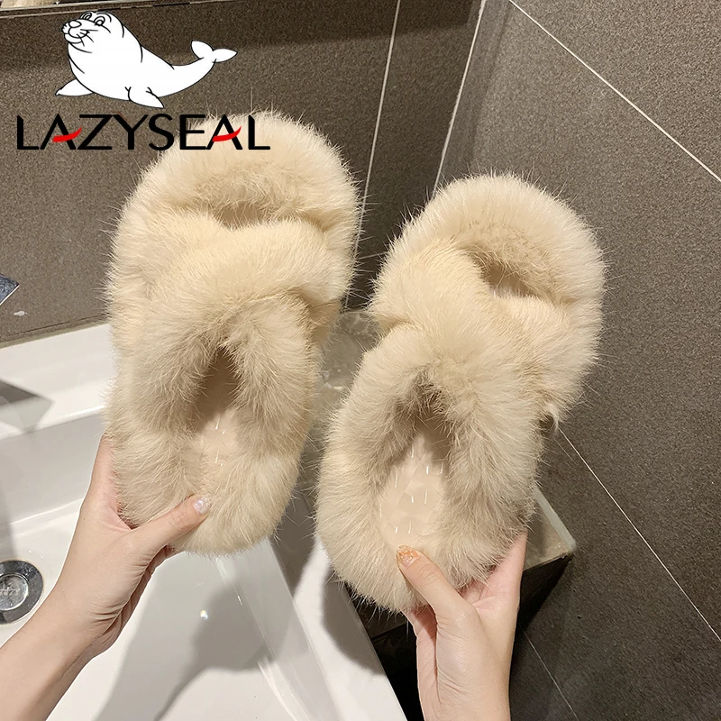 LazySeal/тапочки с натуральным кроличьим мехом женская обувь модные женские Вьетнамки, Повседневная плюшевая обувь на плоской подошве женские меховые домашние шлепанцы