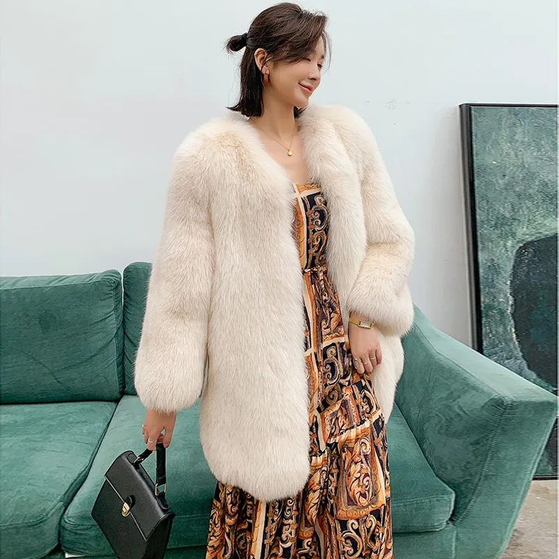 Whole Skin Fox Fur Fashion Jacket Women's Mid-length Long-sleeved Fur Coat 2021 Autumn And Winter New Office Lady O-Neck