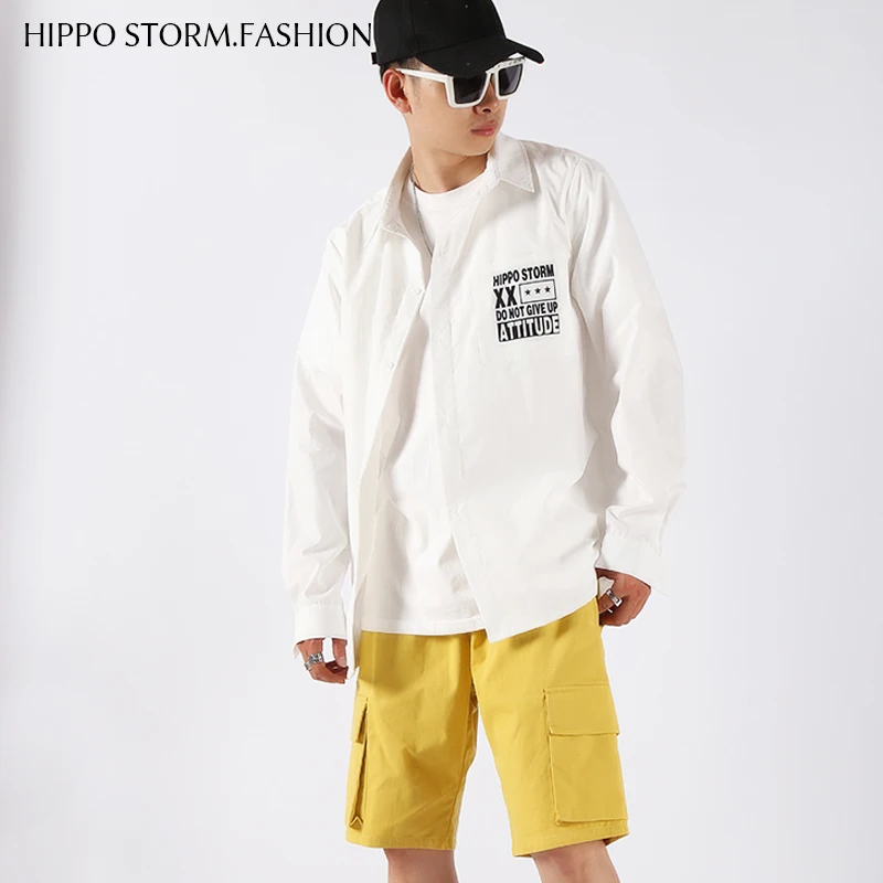White shirt printed long-sleeved shirt personality tide men's shirt solid color shirt Korean nightclub shirt