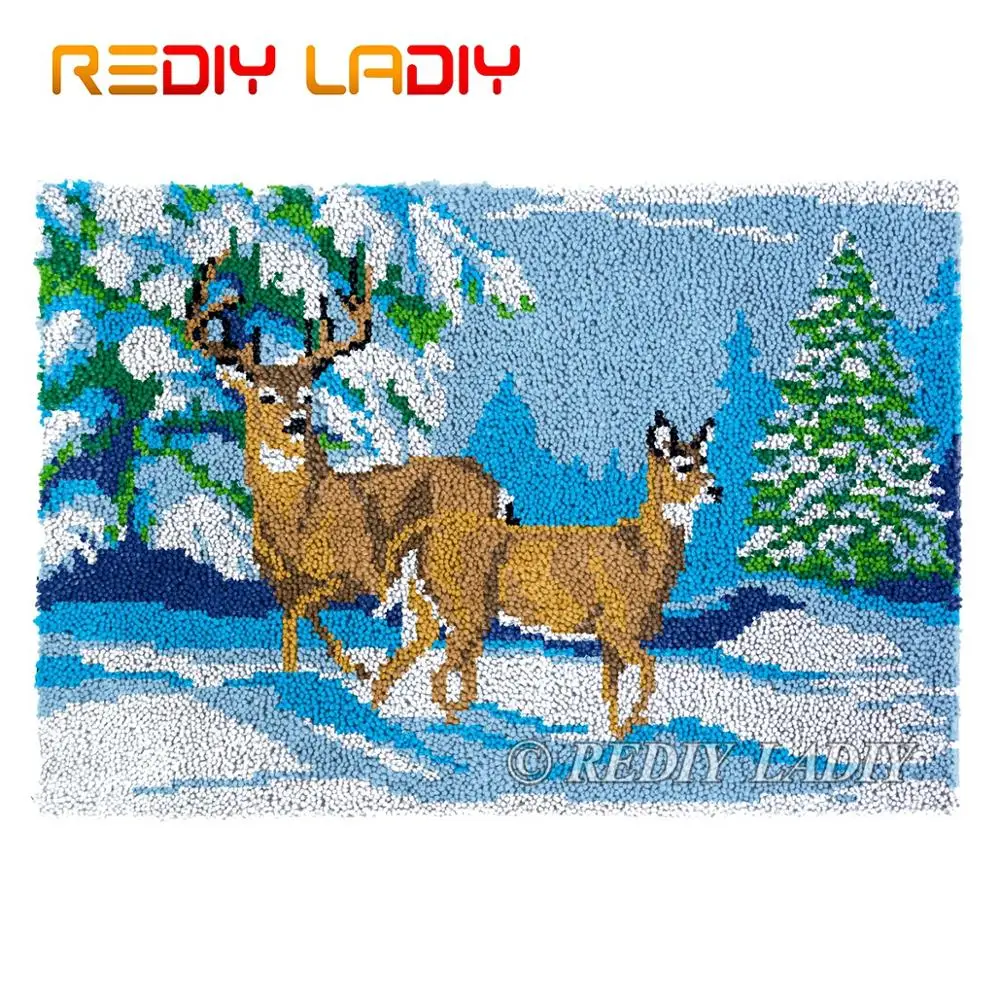 

Latch Hook Rug Chunky Yarn Tapestry Kits DIY Carpet Rug Two Deer Forest Knitted Floor Mat Crochet Cushion Arts & Crafts 85*58cm