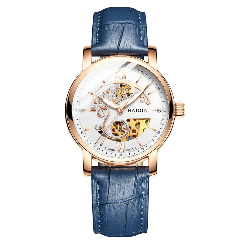 Blue Gold White HAIQIN автоматические женские часы лучший бренд класса люкс Женские Механические женские наручные часы кожаные водонепроницаемые часы Relogio Feminino - Цвет: Blue Gold White