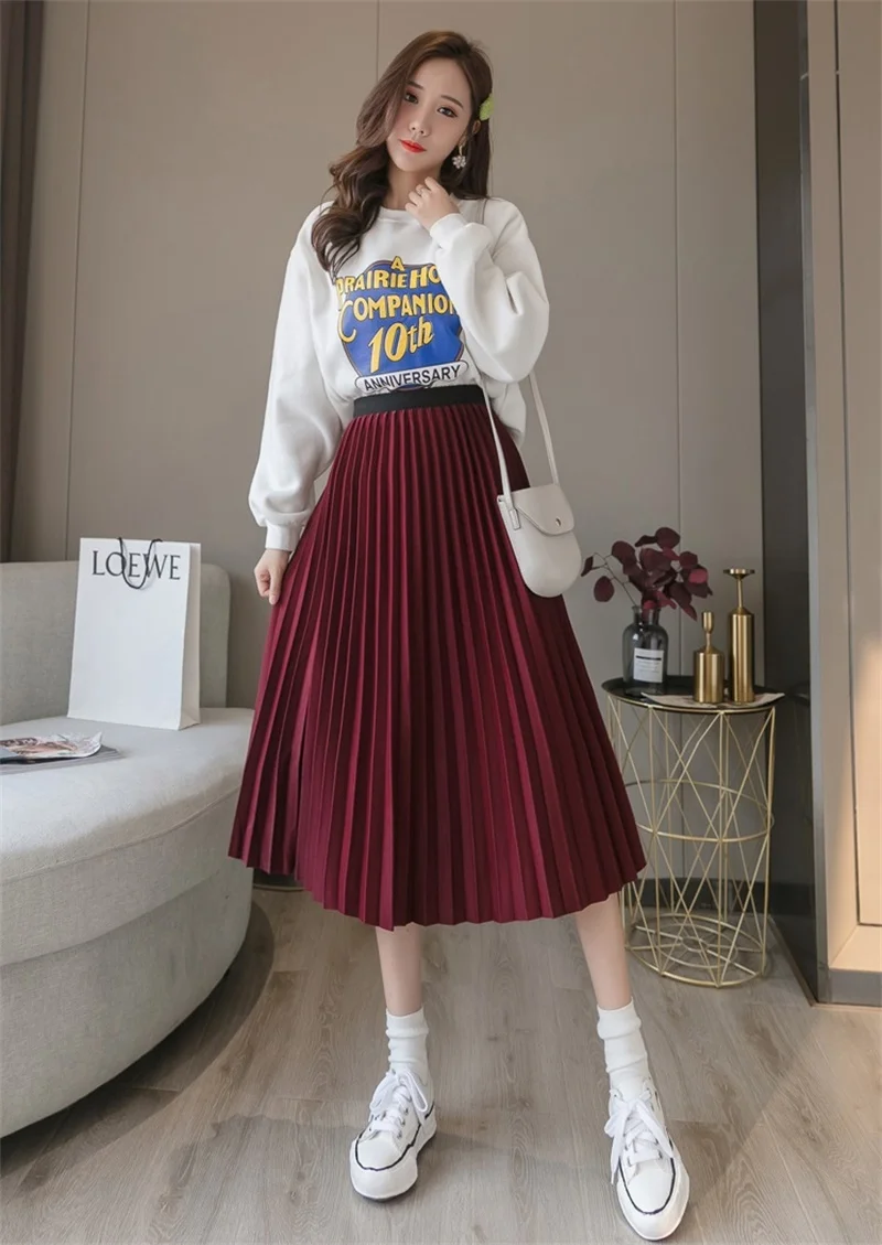 Женская длинная юбка с завышенной талией красная или черная однотонная