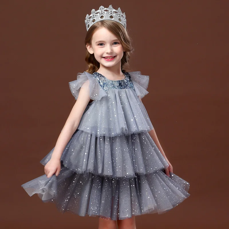 

Blingbling Mesh Princess Birthday Dress Sequined Girls Layered Dresses 2-8 Years Kids Girl Formal Dress