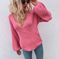 fashion women sweater new autumn casual hot sale v neck pullover sexy solid color cross wrapped loose knitted sweater