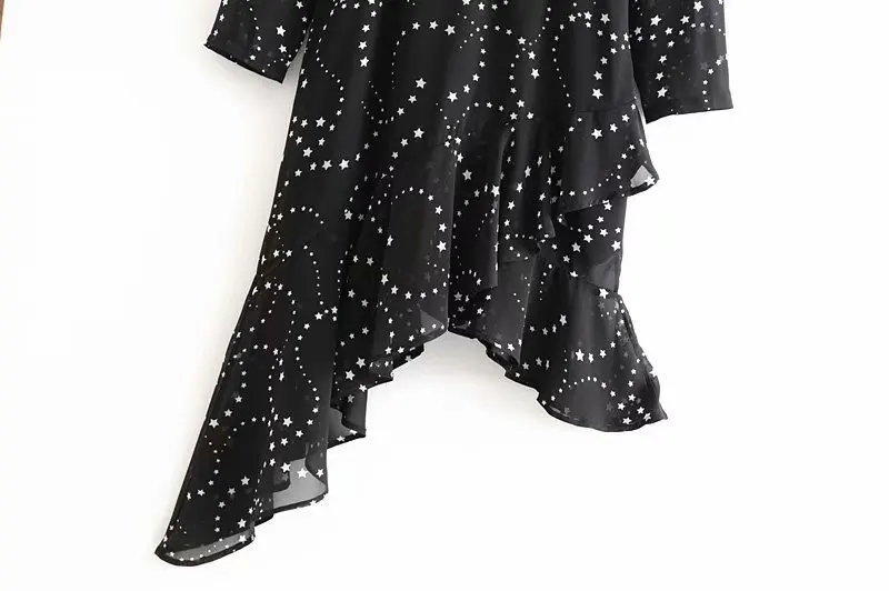 VOGUEIN New Womens Stars Print Transparent O-Neck Chiffon Asymmetrical Black Mini Dress Wholesale | Женская одежда