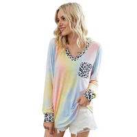 women autumn long sleeve v neck t shirt colorful tie dye leopard splicing tunic tops casual loose pullover tee streetwear with