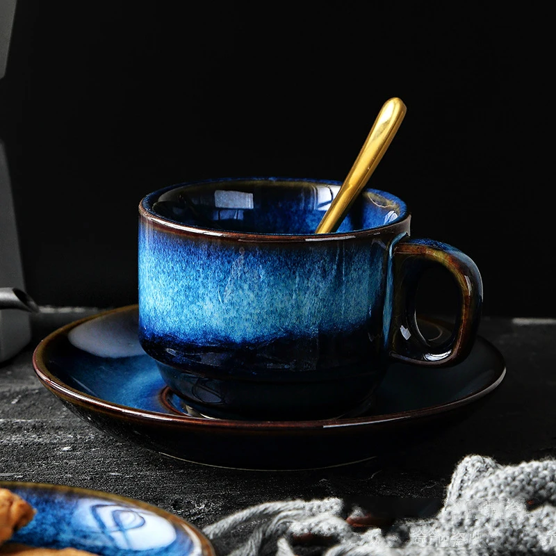 

Fashionable porcelain craftsman ceramic coffee cup and dish set creative breakfast cup afternoon tea Japanese simple Blue