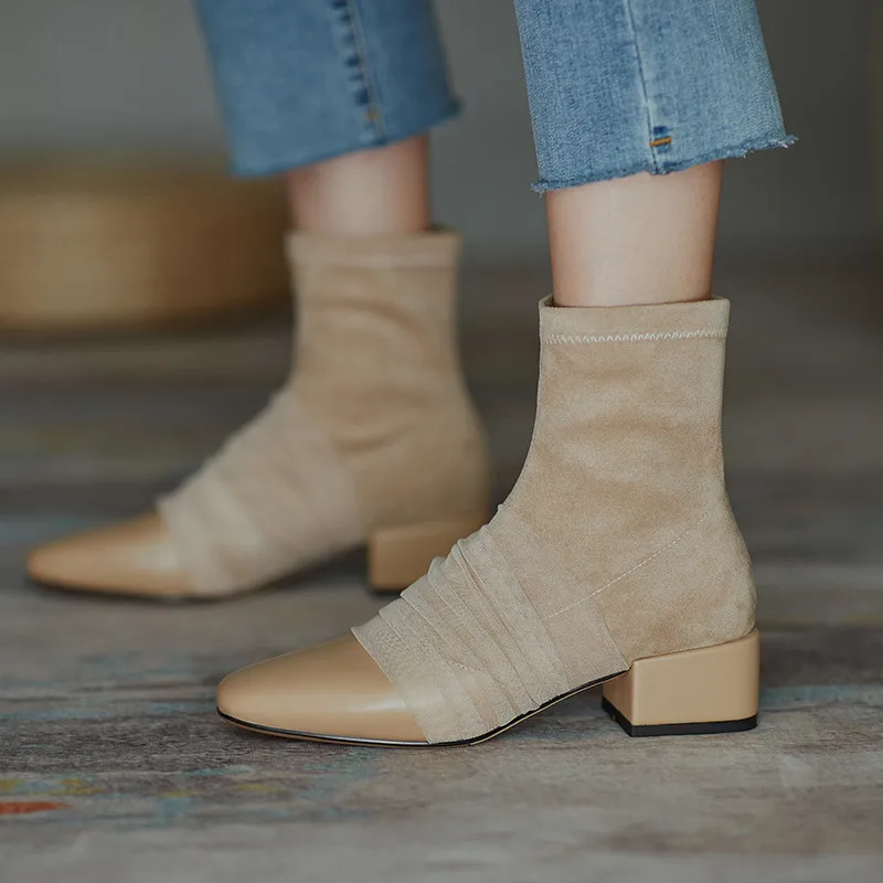 

MEMUNIA 2020 new arrive genuine leather +flock women ankle boots square toe 4cm low heel casual party shoes woman boots