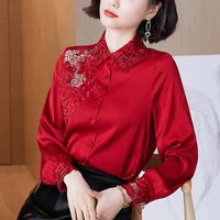 imitation silk shirt women 2021 spring and autumn imitation mulberry silk embroidery hollow slim long sleeved top casual