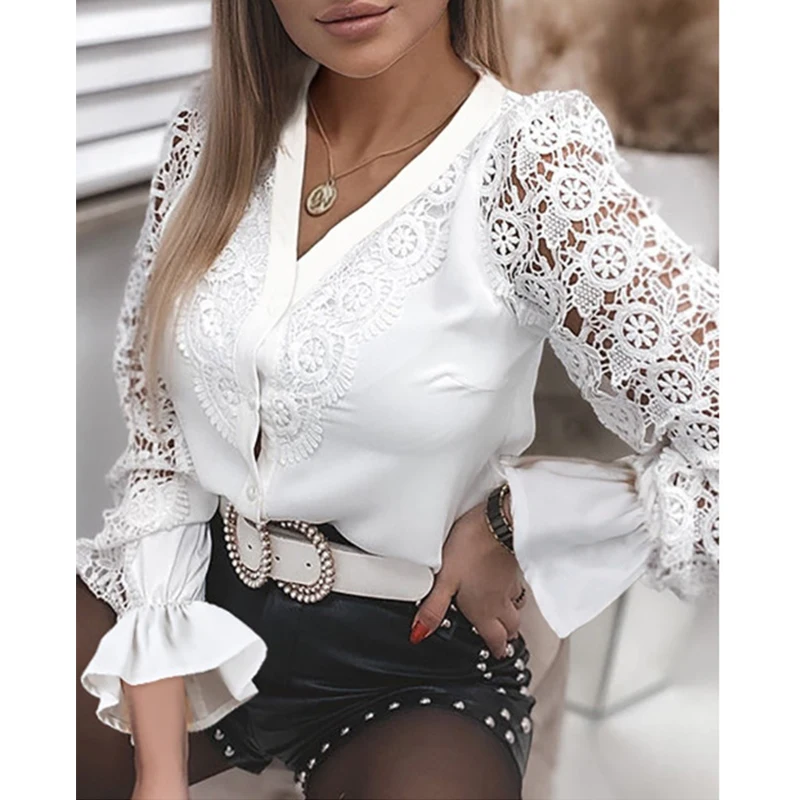 Блузка POTILI Женская кружевная с длинным рукавом и цветочным принтом