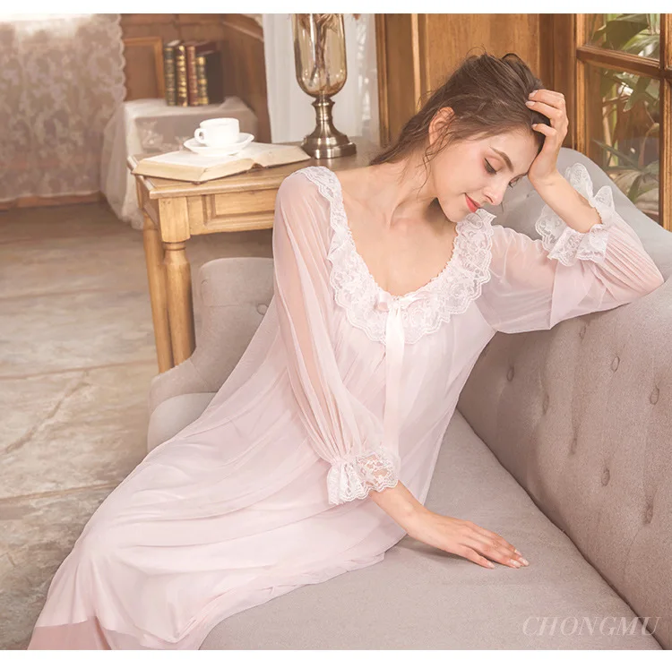 Элегантный белый розовый Sleepdress осеннее кружевное платье, одежда для сна, Фонари с галстуком-бабочкой, одежда для сна с длинными рукавами, ночная рубашка из хлопка, пижама, пеньюар
