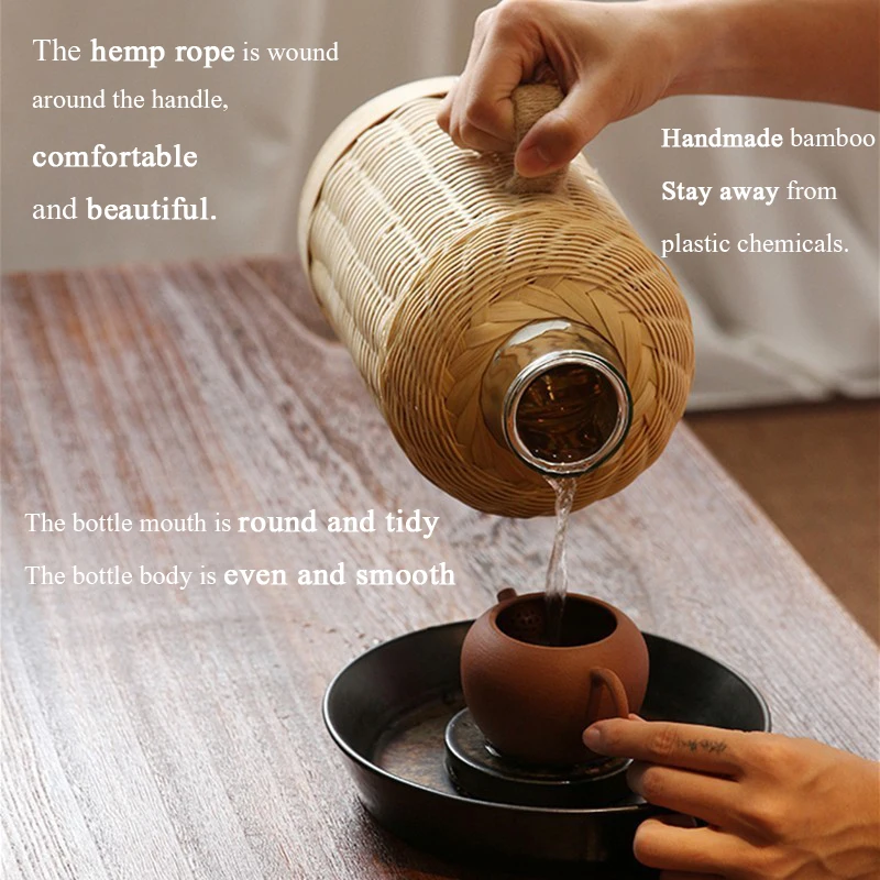Handmade Bamboo Weaving Thermos Pot Bottle For Water With Cork Lid Cover And Handgrip Vacuum Flask Keep Warm Glass Inner Large