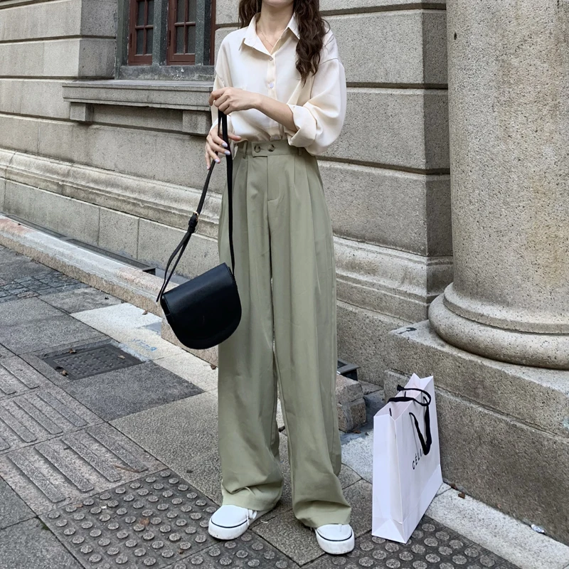 

2021 Women Suit Pants Spring Office Lady Long Trousers New Autumn Solid Loose High Waist Pant Female Wide Leg Pants