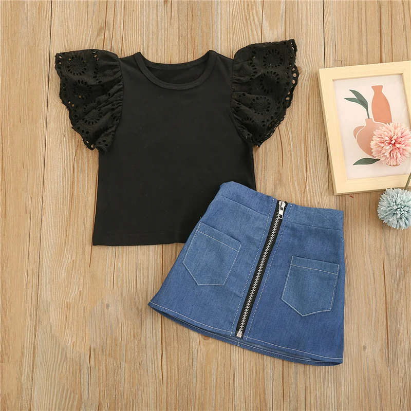 

Baby Girl Clothes Summer Fashion A-line Dress Fly Sleeve Black Solid Color Top Denim Zipper Pocket Short Skirt Kid Girl Clothing