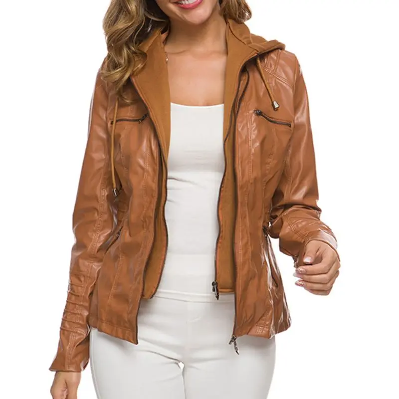 

Womens Plus Size Faux Leather Short Jacket with Detachable Drawstring Hood Stand Collar Casual Motorcycle Zip Up Long Sleeve Out