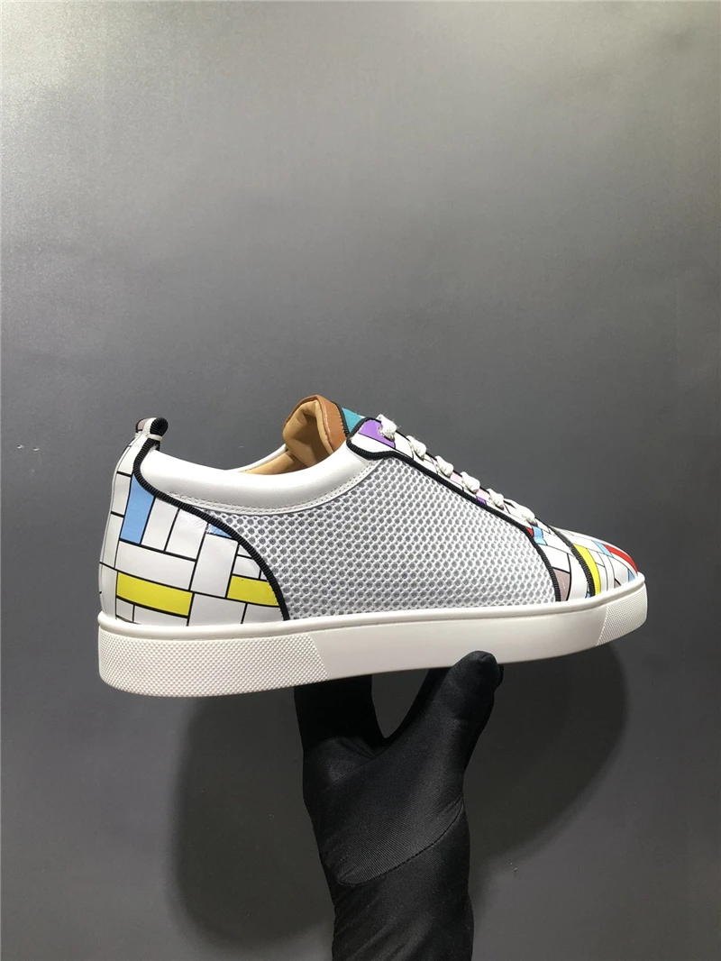 

Red Bottom White portrait Graffiti Men Casual Shoes Fashion Mens Loafers No Rivets Toe Runway Low Top Lace Up Trainers Sneakers