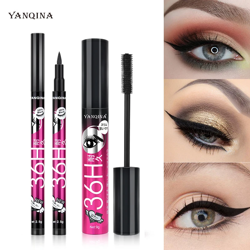 

36H Black Waterproof Liquid Mascara 4D Fiber Lashes Curling Thick Lengthening Black Mascara Volume Eyelashes Korea Makeup Set