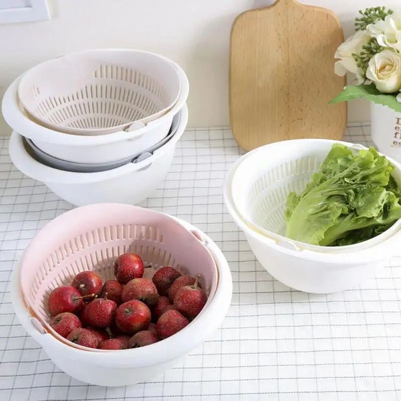 

Kitchen Drain Basket Bowl Rice Washing Colander Baskets Fruit Vegetables Kitchen Strainer Basket Noodles Double Storage Dra G7W5