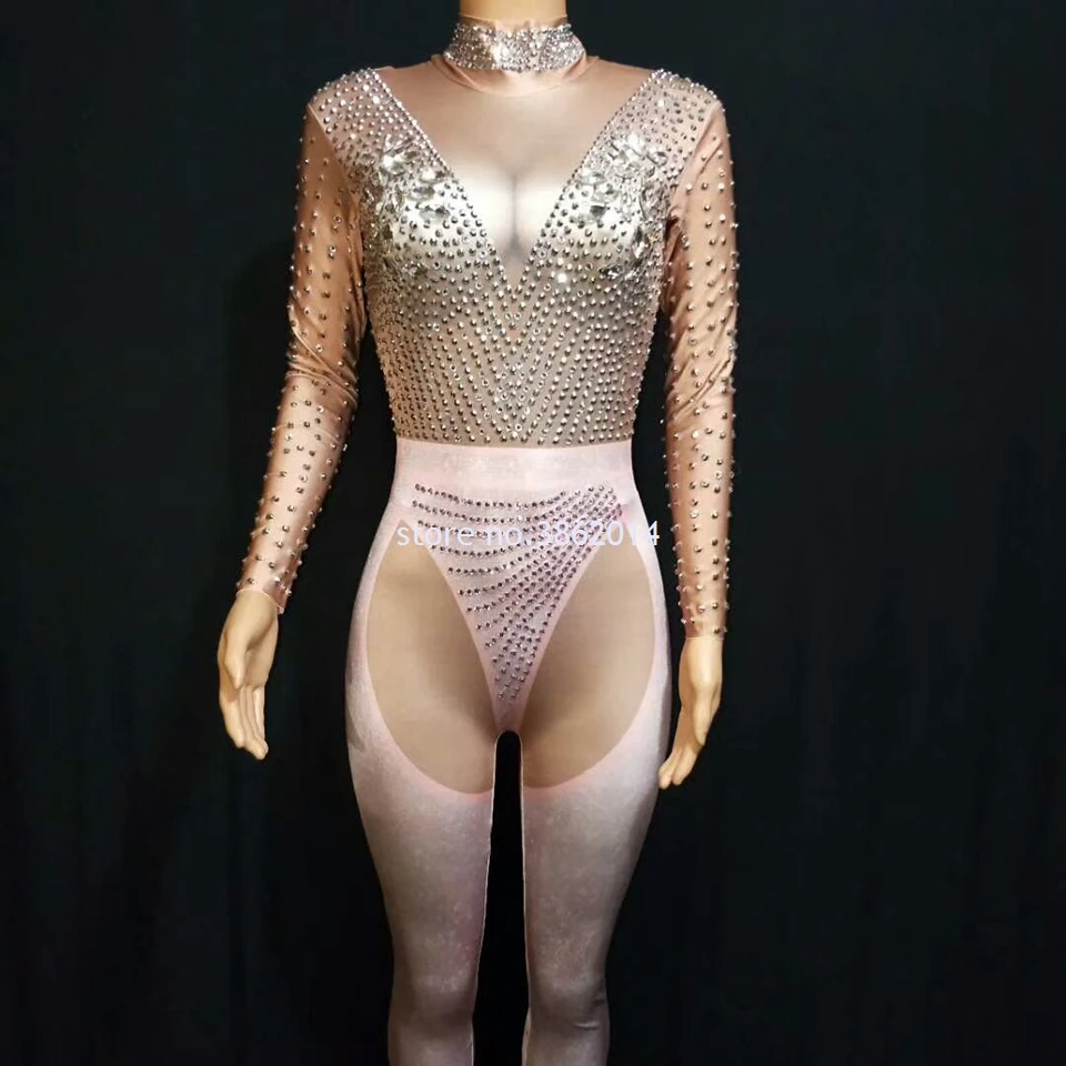 Блестящий женский комбинезон Стразы с кристаллами вечерняя одежда для