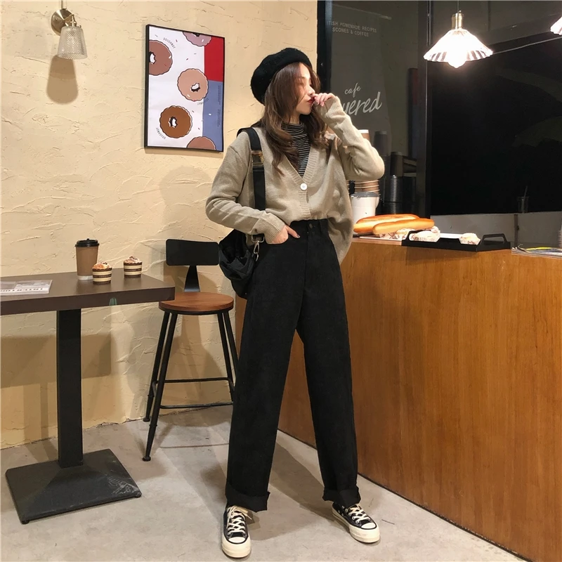 

Autumn Winter Clothes Korean Style High Waist Corduroy Straight Wide Leg Long Pants Loose Casual Women Full Length Trousers