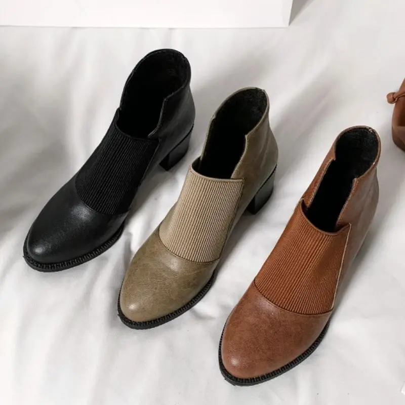 

RIZABINA Size 32-46 Women Ankle Boots Thick Heel Slip On Shoes Pointed Toe Winter Warm Boots Fashion Women Office Footwear