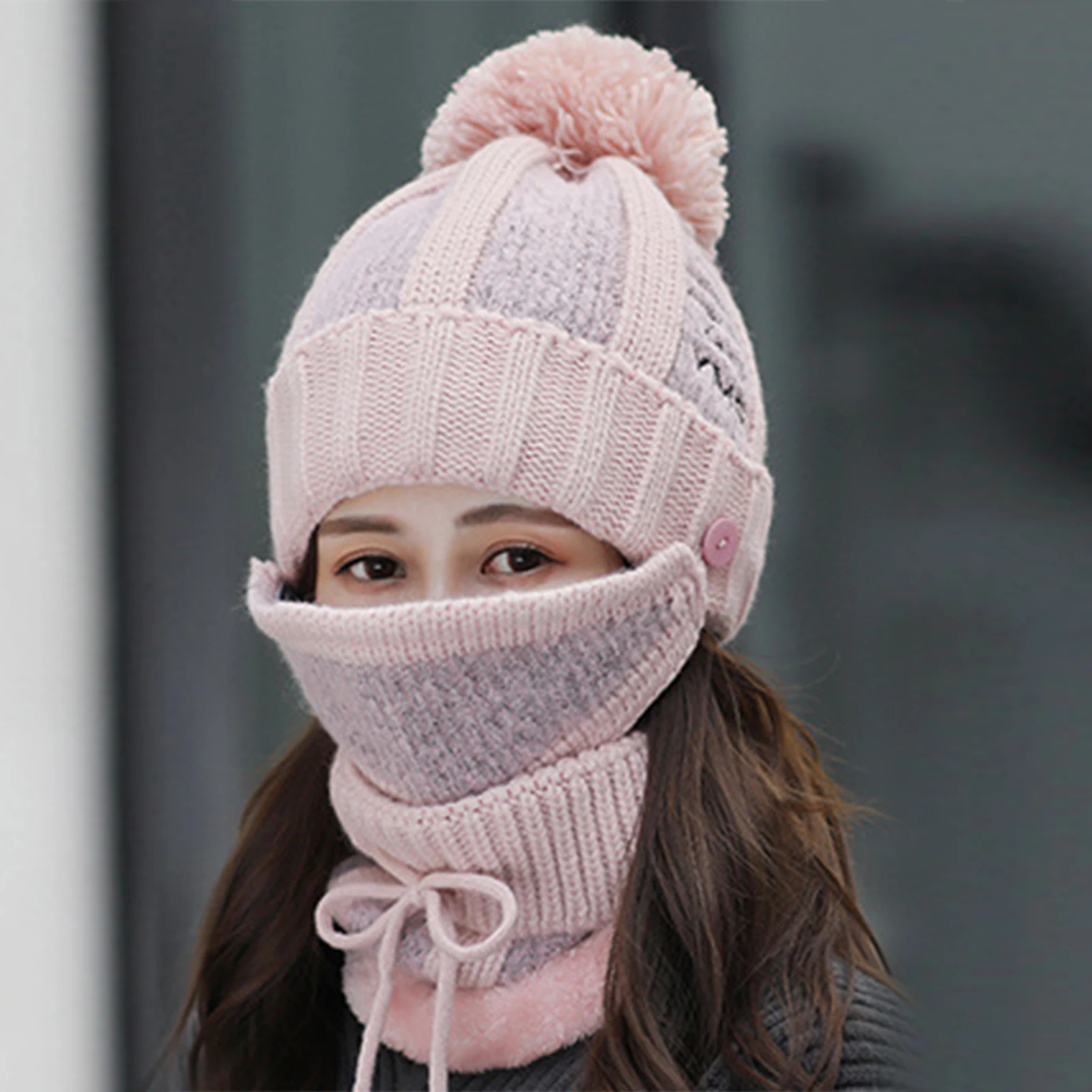 

4Pcs/Set Women Winter Knitted Beanies Cap Face Cover Neck Scarf Gloves Set Outdoor Warm Keeping Women Hat with Scarves Gloves