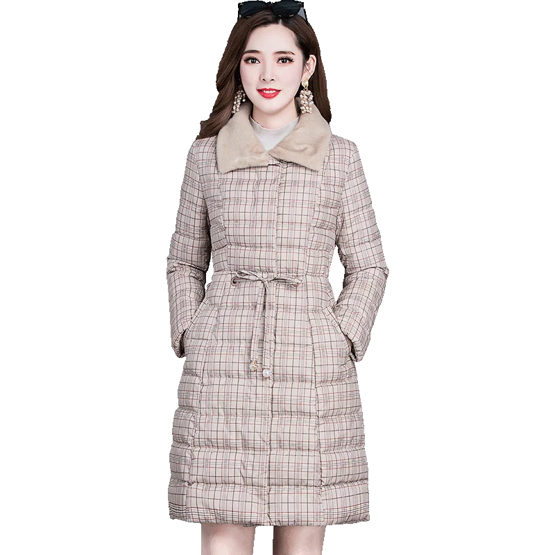 

Waisted cotton padded jacket women's middle and long cotton padded jacket new fashion check coat winter thickened down cotton