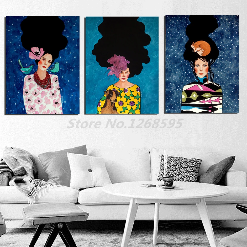 Винтажный абстрактный постер картины для девочек черные волосы женщины с