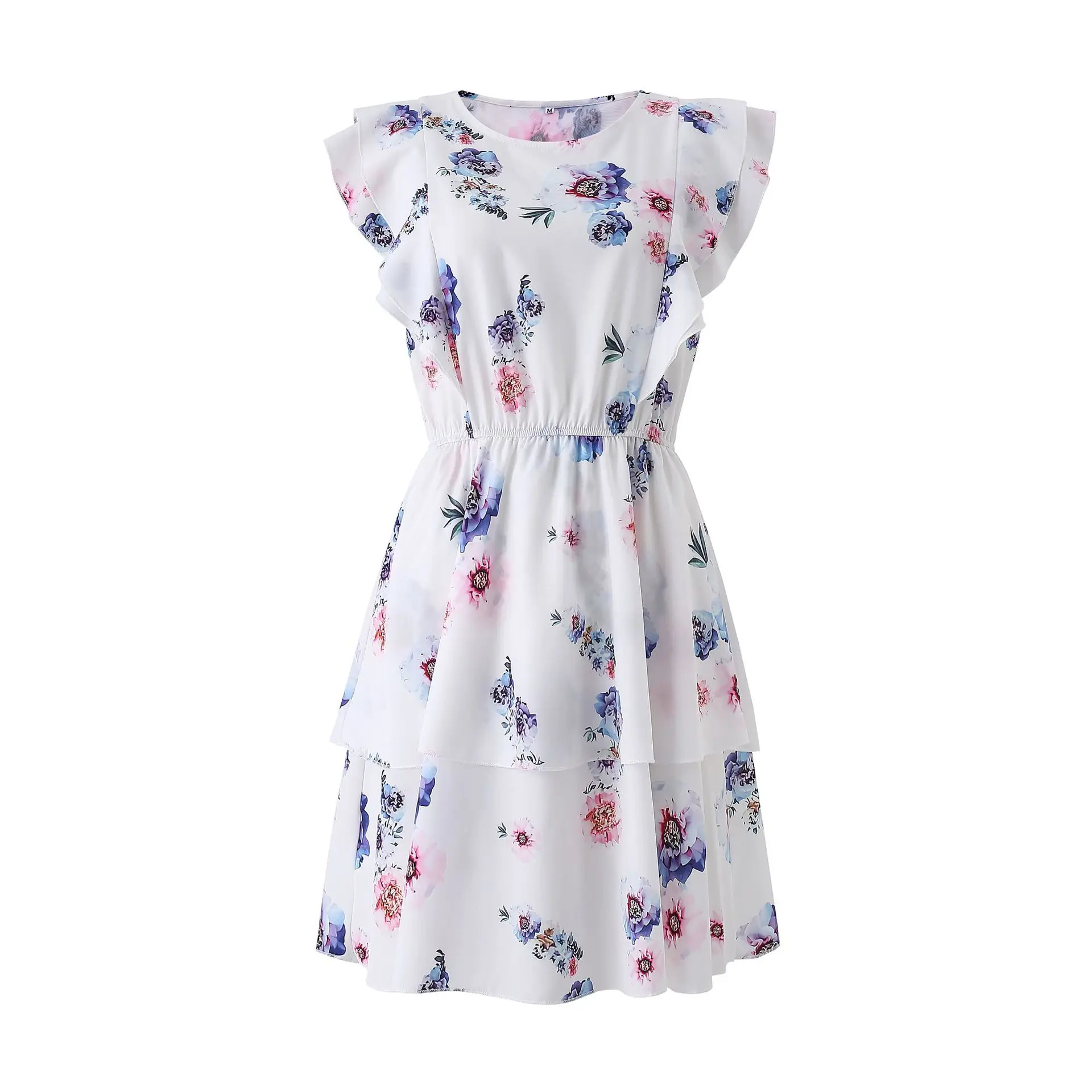 

Casual Loose Printed O Neck Ruffle Sleeveless Dresses For Fashion Women Summer 2021 Sexy Floral Cascading Ruffle Mini Tank Dress