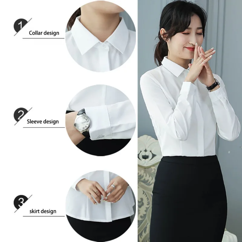

Spring Summer White Blouse Solid Color Full Sleeve Office Lady Shirt Women Tops and Blouses Women Clothing