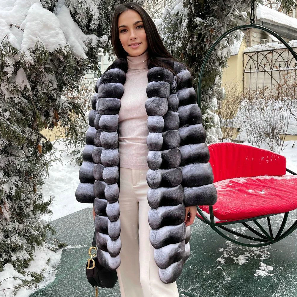 Luxury Women Natural Fur Coats Winter Outwear High Quality Genuine Full Pelt Rex Rabbit Fur Coat with Lapel Collar Warm Overcoat