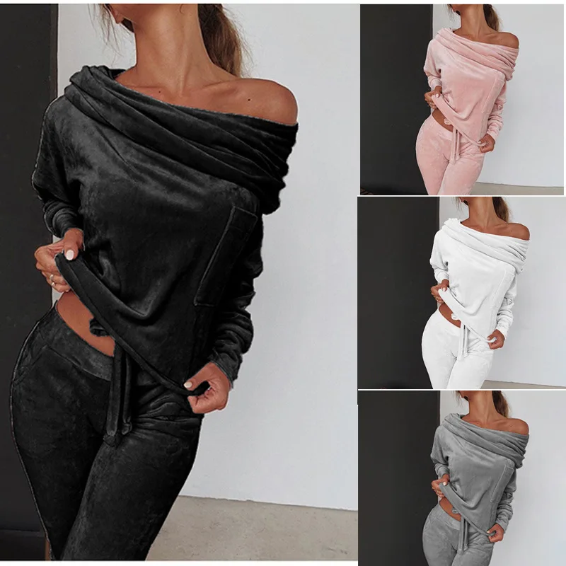 

2020 High Quality Pajamas Women Autumn Winter One Line Collar Long Sleeve T-shirt + Bow Body Velvet Suit Home Clothes Pijamas