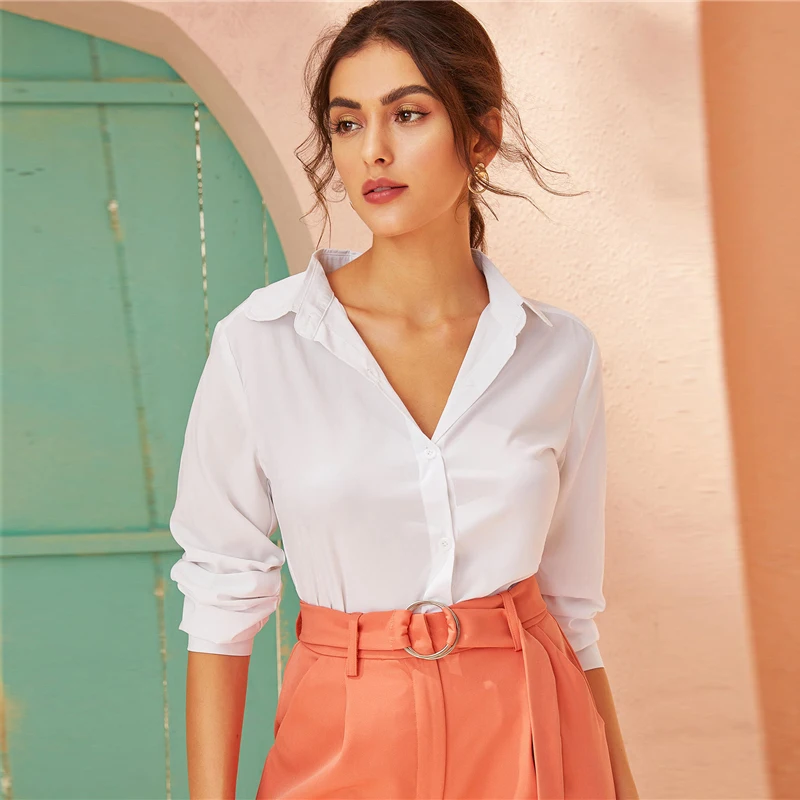 SHEIN белая однотонная однобортная Офисная Женская блузка рубашка женские топы осенние элегантные блузки с длинным рукавом и отложным воротником