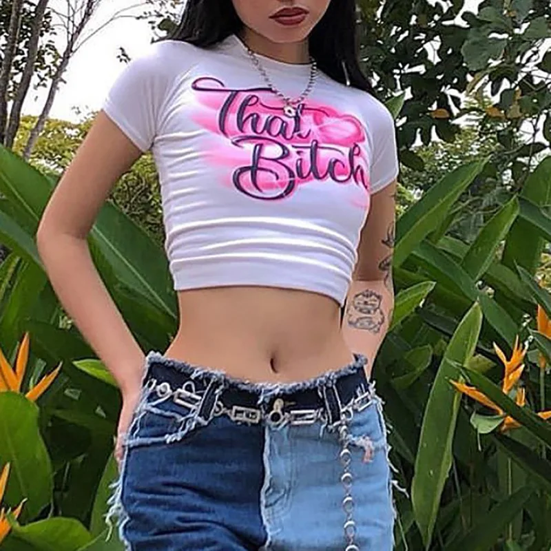 

Summer E-girl White Crop Tops Slim 2021Short Sleeve T-shirts Y2K Fashion Letter Print Cute Baby Tees 2000s Streetwear
