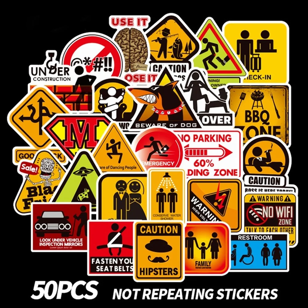 

50PCS Stickers Hazard Warning Prohibition Reminder Decorative Sticker for Laptop Motorcycle Suitcase Refrigerator Notebook