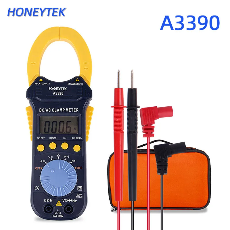 HONEYTEK A3390 цифровой клещи мультиметр мини Ампер DC/AC клещи вольтметр 600 в Автоматический диапазон измерения тока зажим