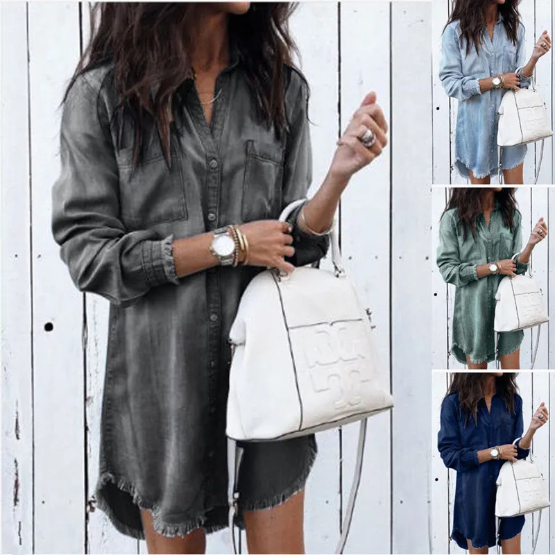 Women Denim Tunic Shirt Top Long sleeve Autumn High Low Blouse | Женская одежда